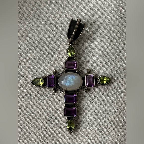 $85 13.59 ctw MOONSTONE AMETHYST PERIDOT Cross Pendant STERLING SILVER 925 - Picture 5 of 11